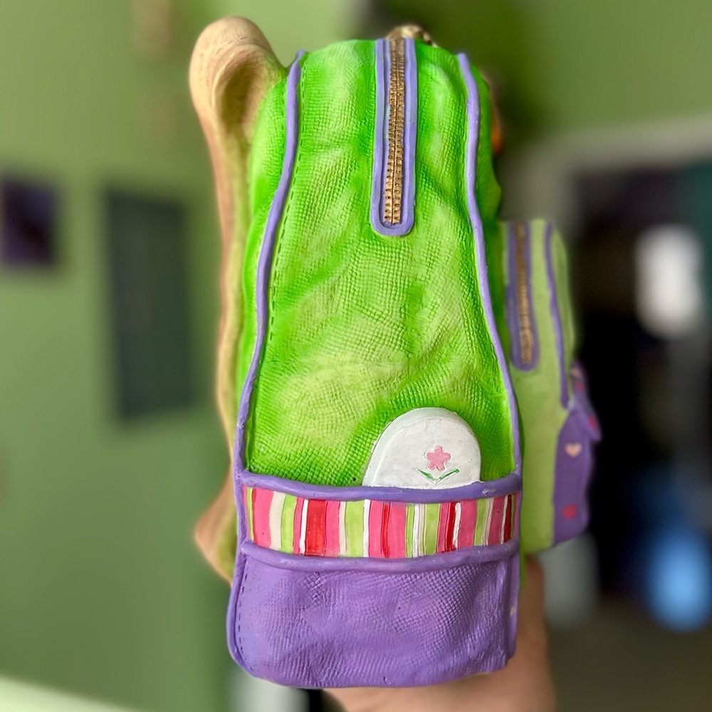 Handmade Vibrant Green & Purple Rustic 3D Textured Backpack Bag Piggy Bank - Picture 5 of 11